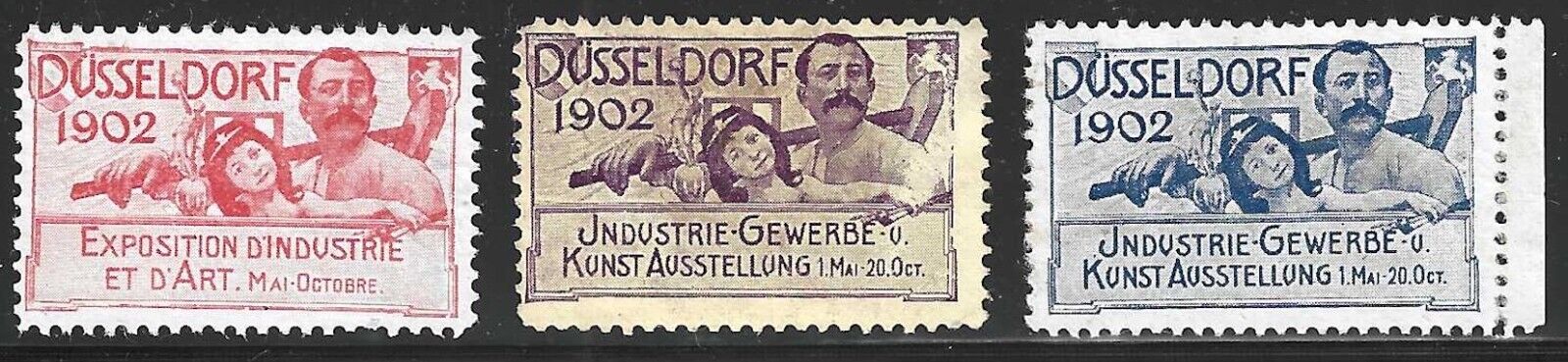 Dusseldorf, Germany, 1902 Art & industry Exhibition, Set of 3 Poster Stamps