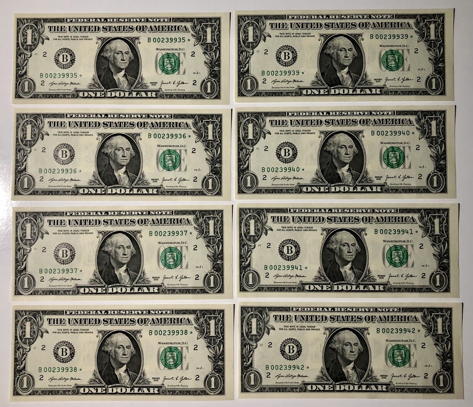 (8) 2021 Sequential One Dollar Bill Uncirculated $1 *Star Notes 500K Sheet Run