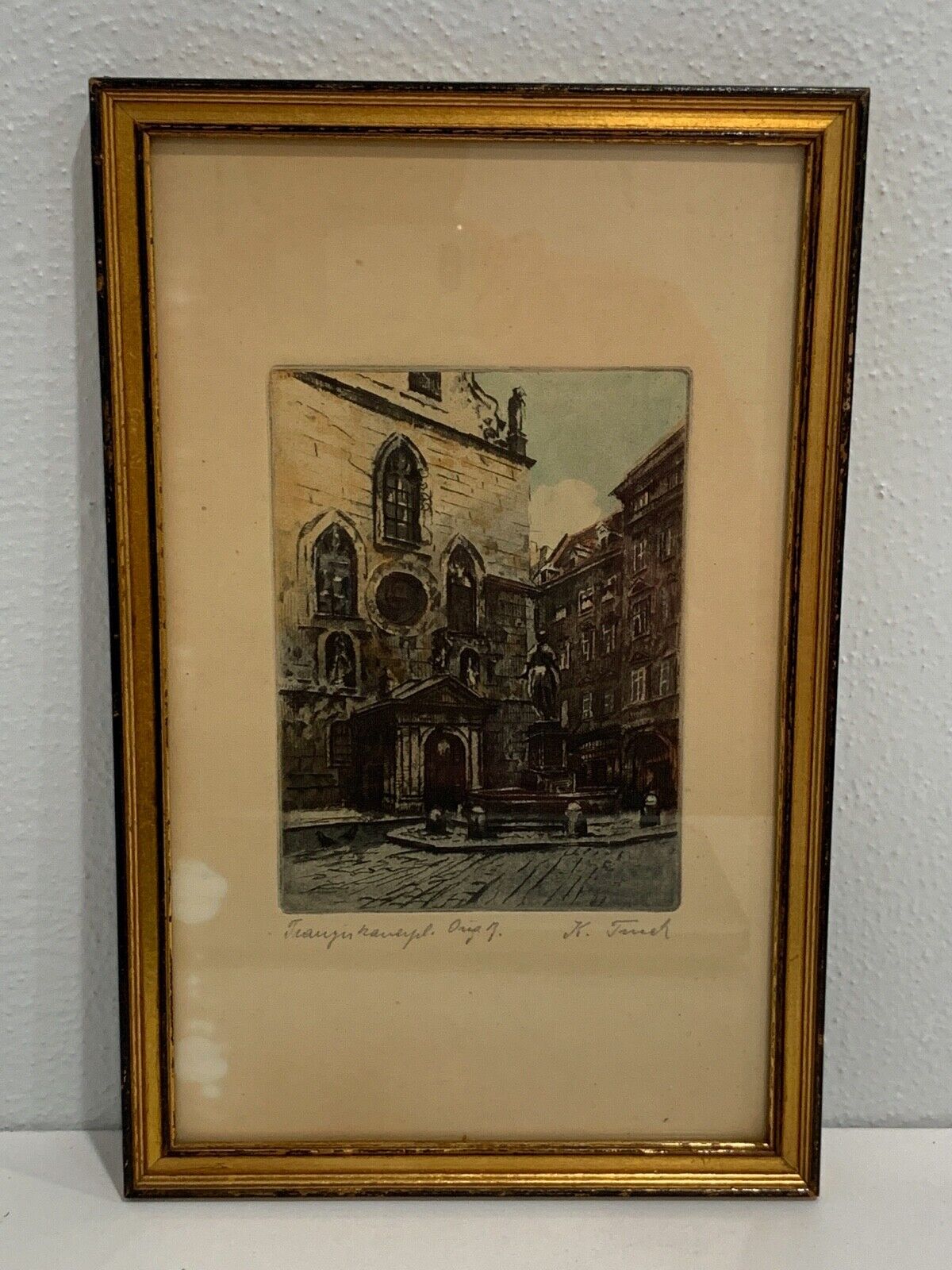 Vintage Antique European Signed Print Cathedral Architecture Scene