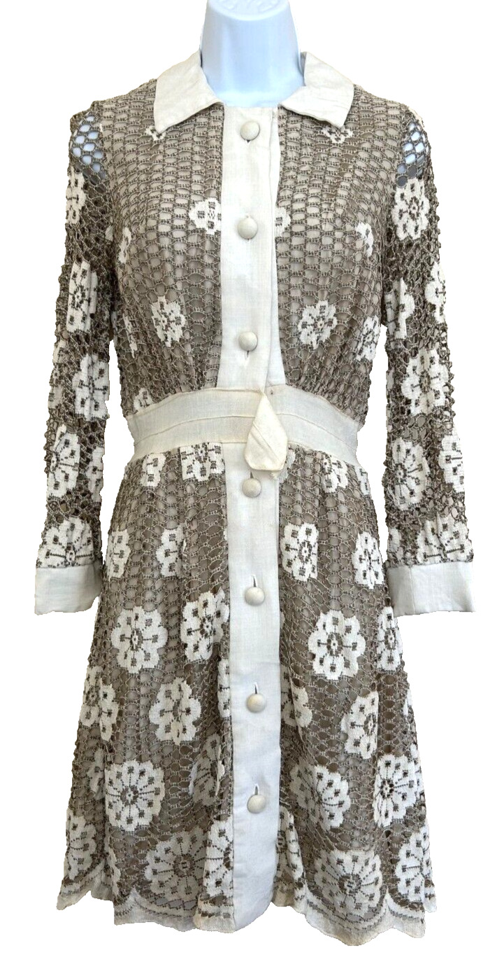 Vintage 60s i Magnin Dress Buttons Collar Embroidered Flower Lace Overlay Beige