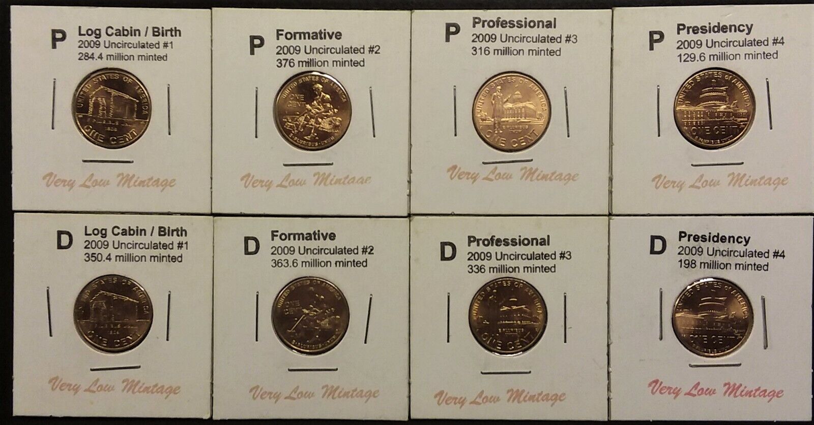 Complete 8 Piece Set Lincoln 2009 Cent Penny P & D Mint, Uncirculated Limited 