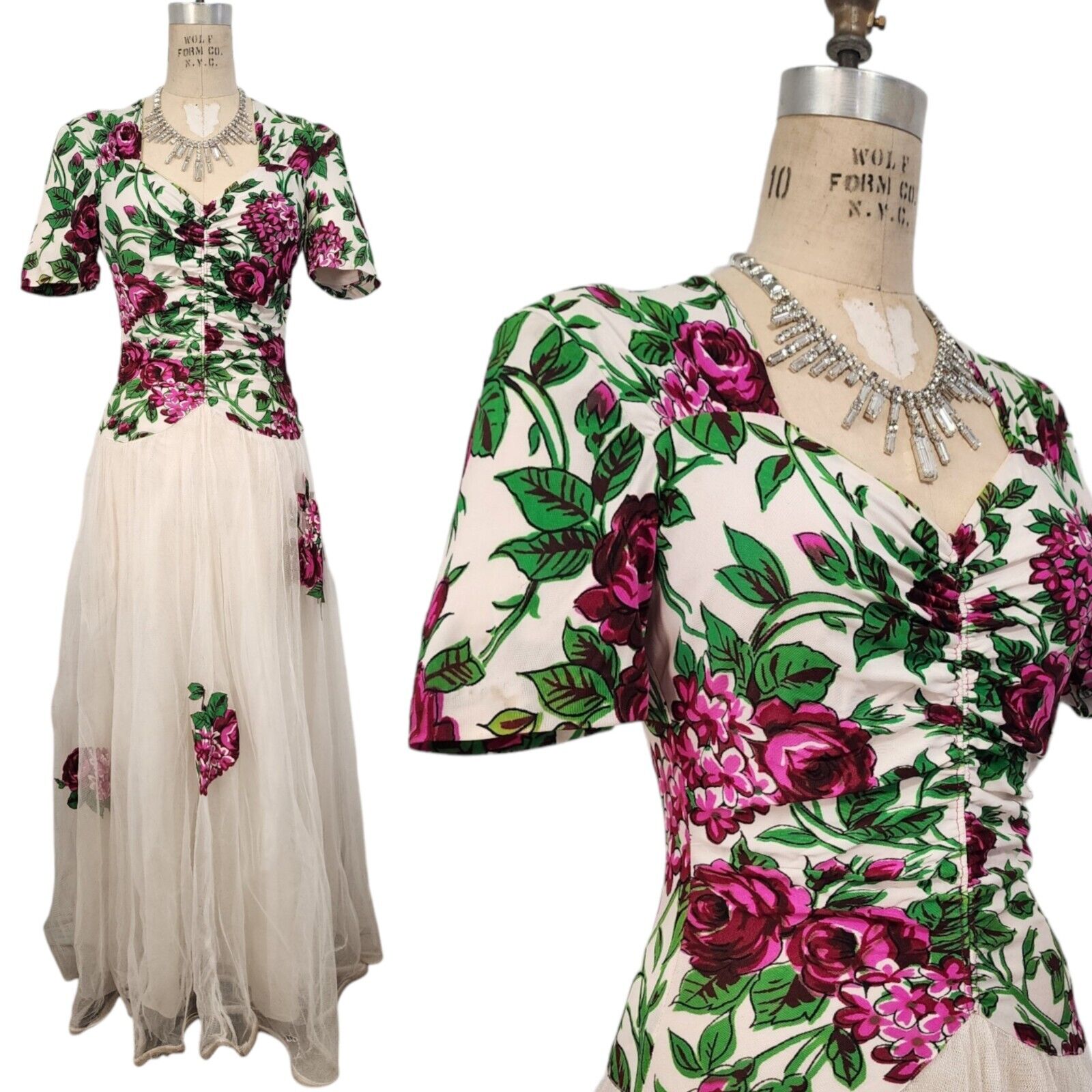 Vtg 40s Prom Dress *Sz L* Jersey Mesh Tulle Vibrant Floral Long Maxi 30-32 Waist
