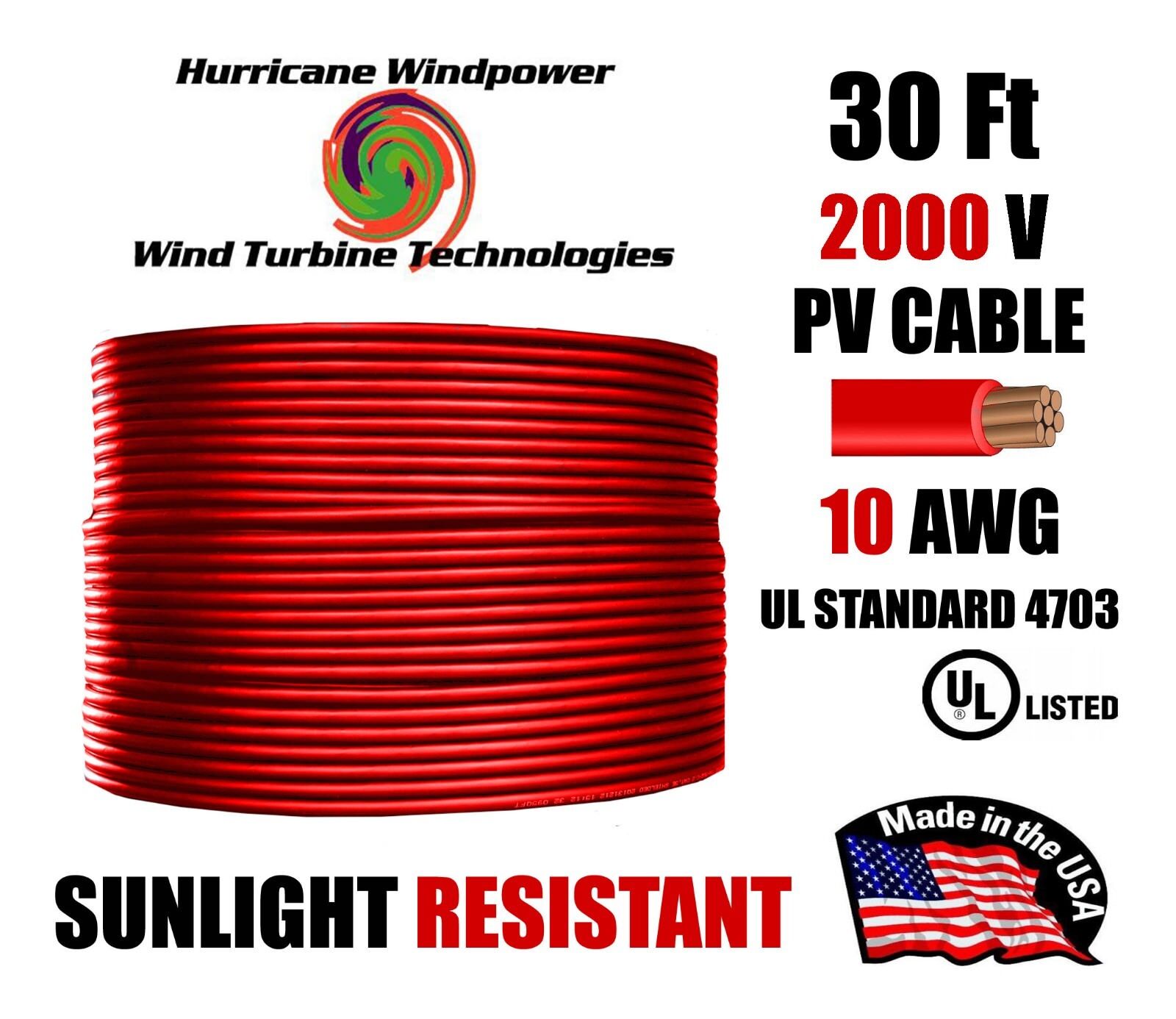 10 AWG Gauge PV Wire 1000/2000 Volt Pre-Cut 15-500 Ft for Solar Installation RED