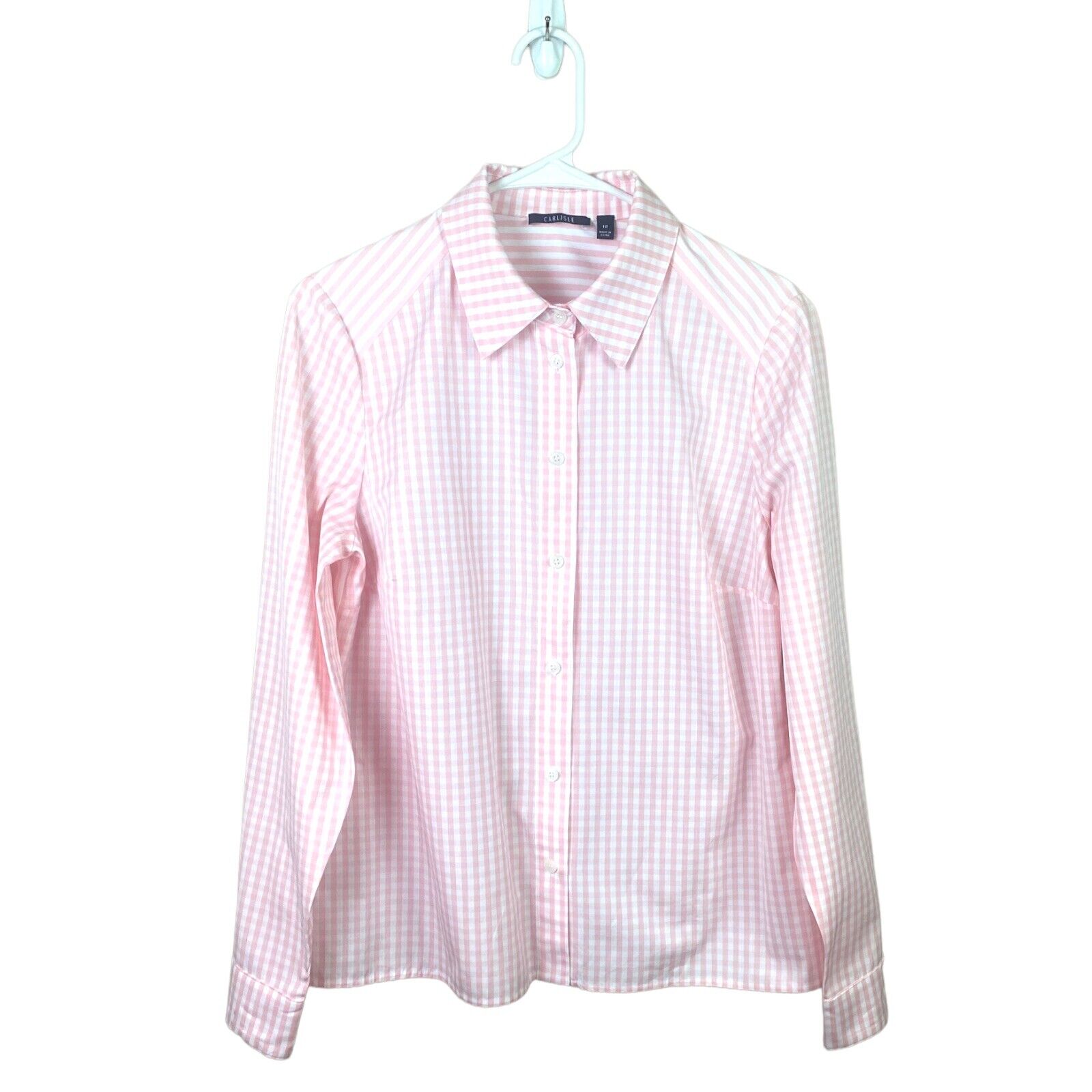 Carlisle Women’s Pink White Gingham Striped Blouse Button Down Shirt Size 12