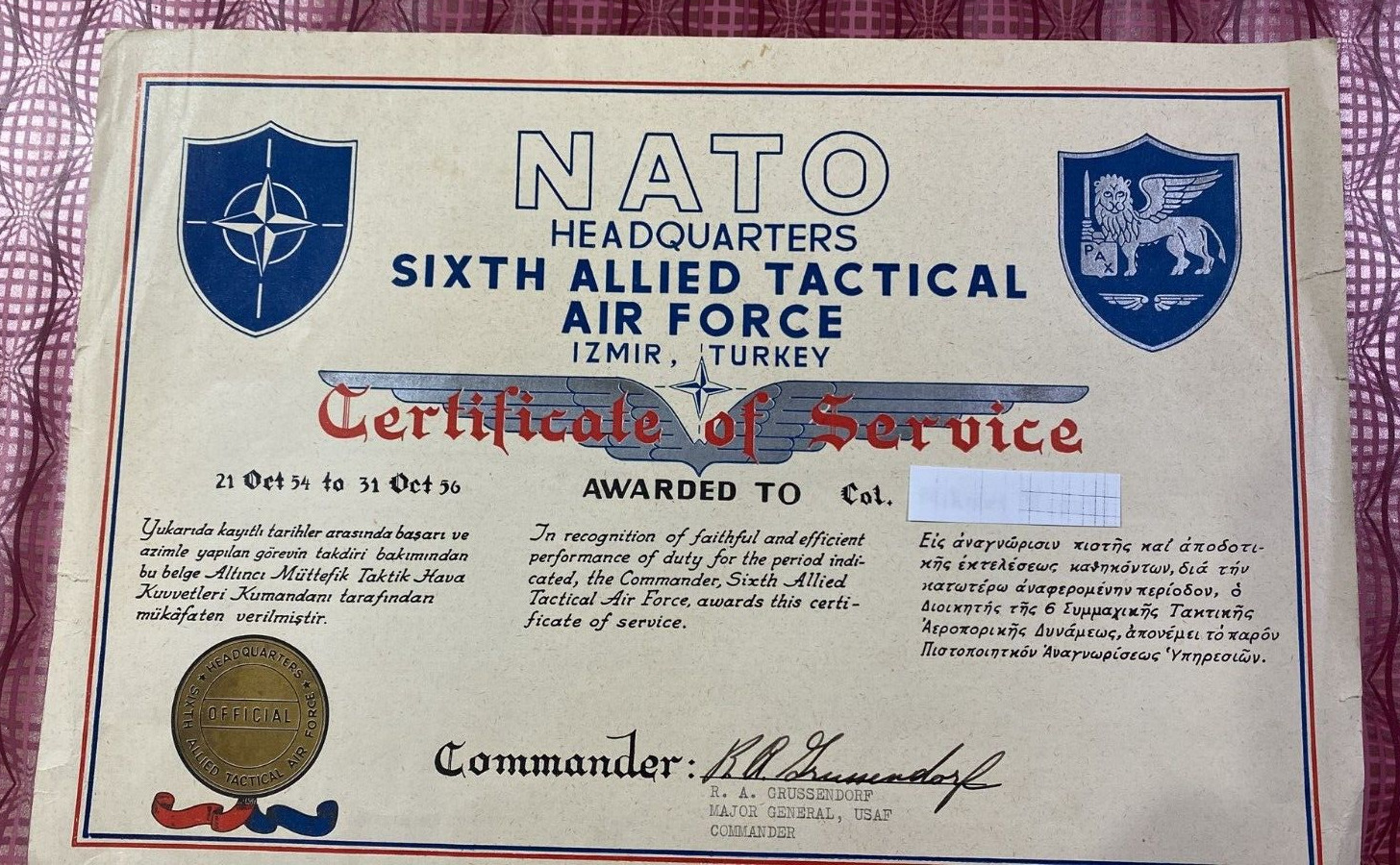 NATO İzmir Sixth Allied Tactical Air Force Service Achievement Certificate 1956