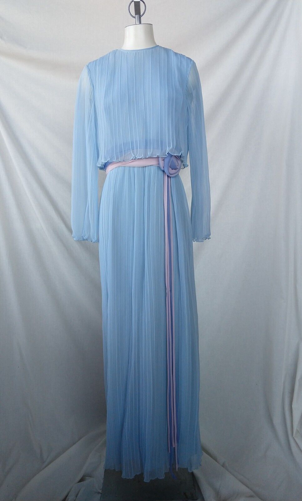 Vintage Miss Elliette 1960s Blue Pleated Chiffon Maxi Dress Sz 14