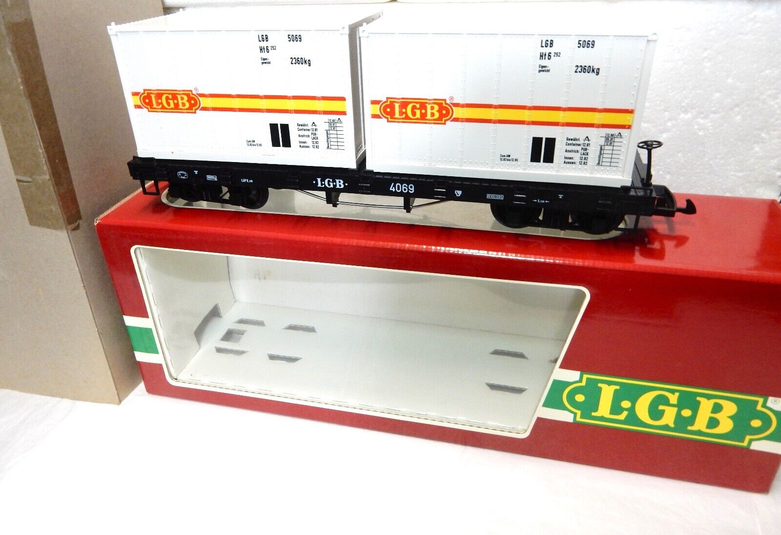 LGB G Gauge 4069 Flatcar with  Lehmann - LGB White/Yellow  Containers w Orig Box