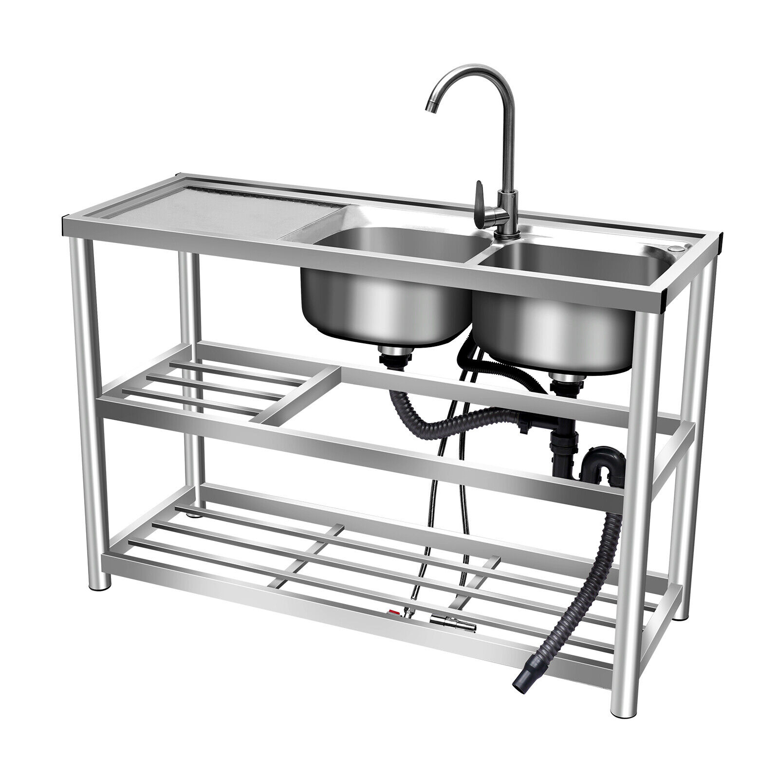 Commercial Kitchen Prep Utility Sink w/ Drainboard + Compartment Stainless Steel