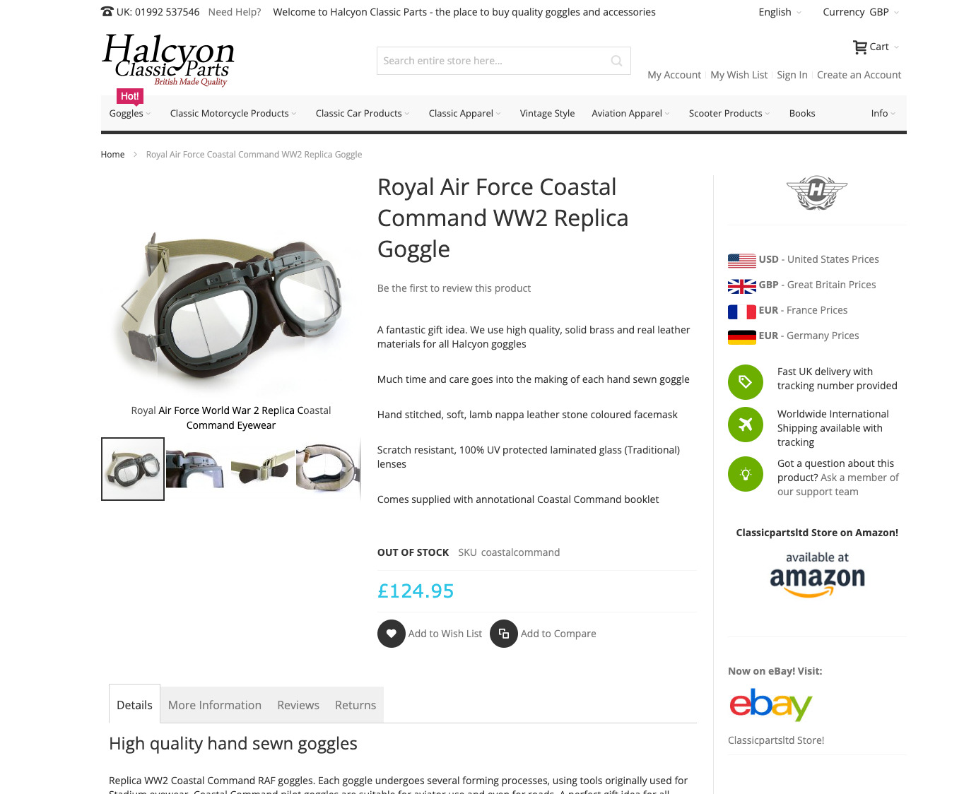 Halcyon RAF Coastal Command WW2 Replica Goggle, Leather; Never Worn
