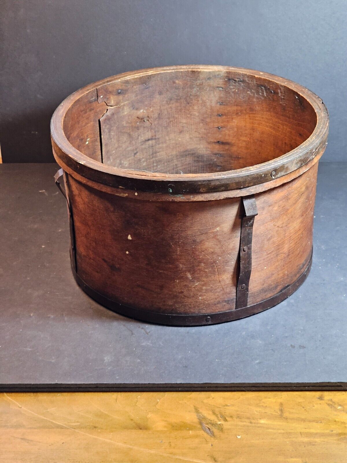Primitive wood and metal wooden tub no lid unique piece of history