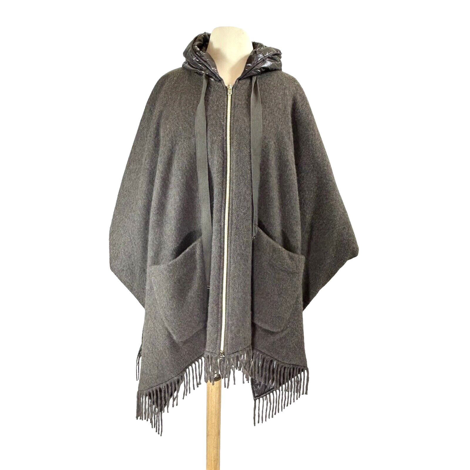 Herno Poncho Womens Medium Wool Brown Hooded  Fringe Italy Avant-garde