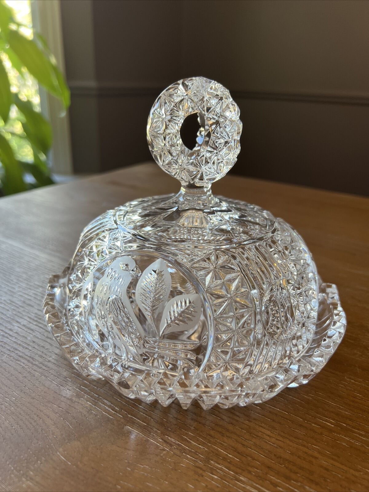 Vintage Hofbauer Byrdes Cut Crystal Domed Cheese Glass Butter Dish w/ Lid