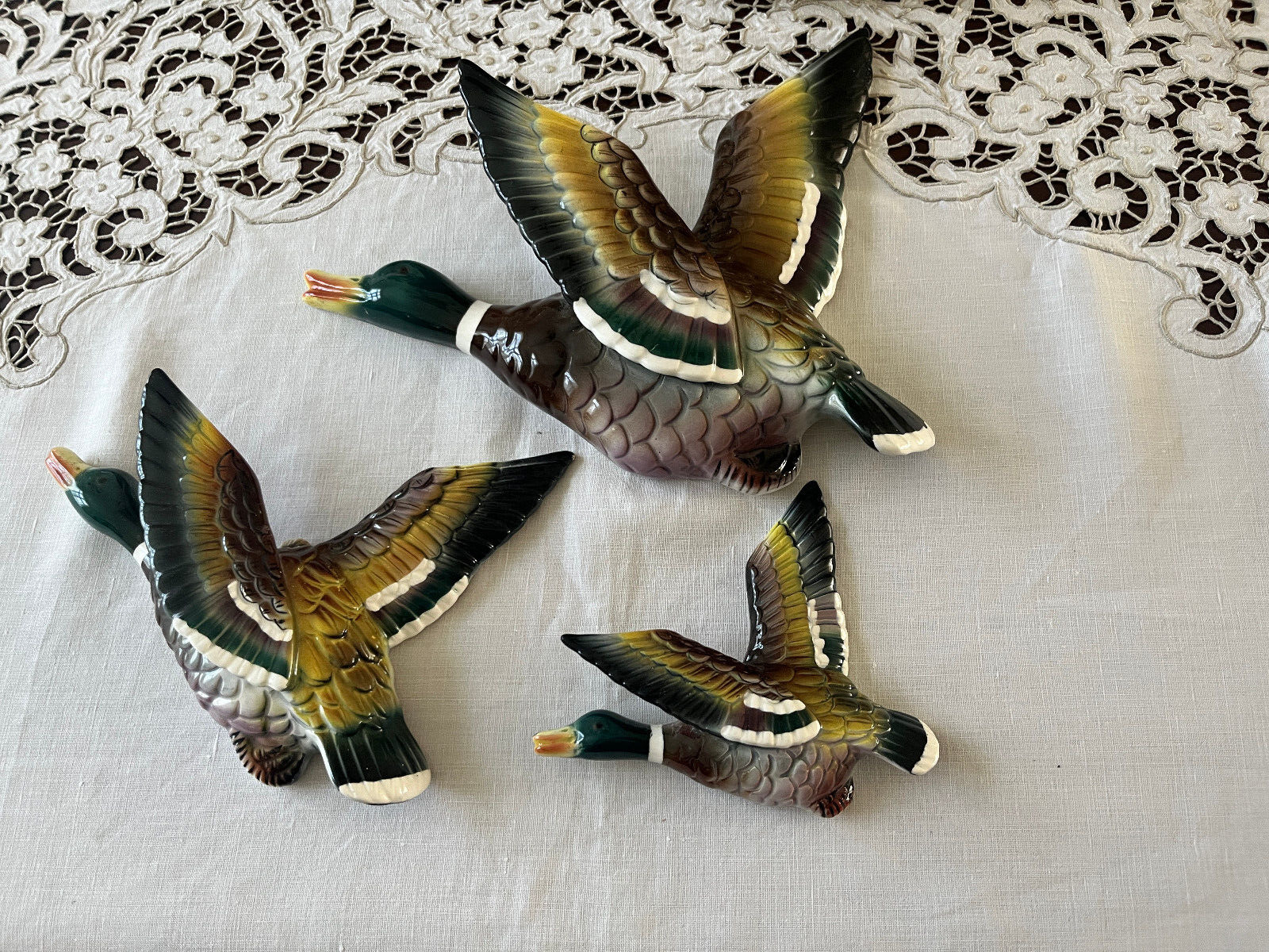 3 Vintage Ceramic Flying Ducks Mallards  ESD Japan Wall Hanging