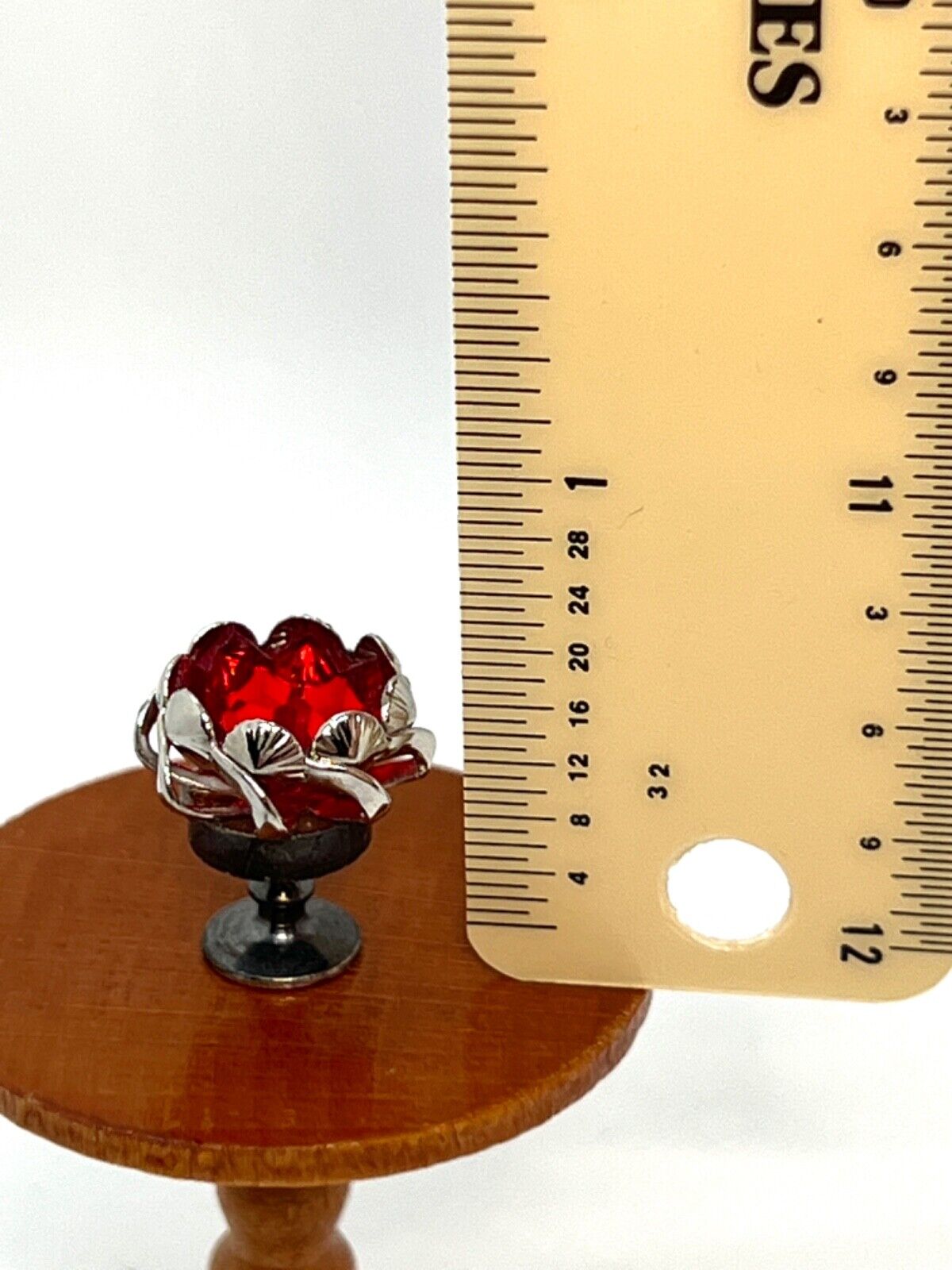 1:12 Vintage Artisan Ruby Red Candy Dish Bowl Compote Metal Dollhouse Miniature