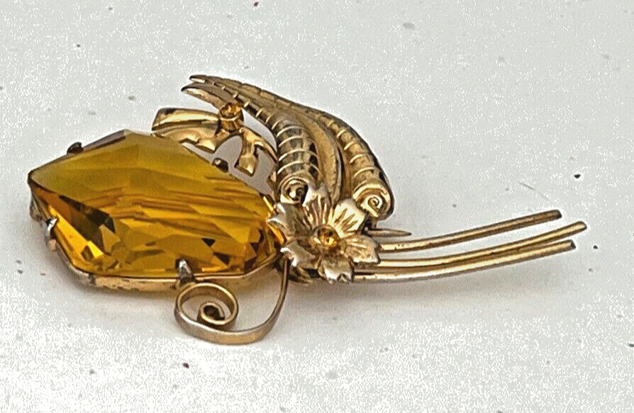 Superb Vintage Gold Wash Sterling Flower Brooch with Huge Citrine Color Glass