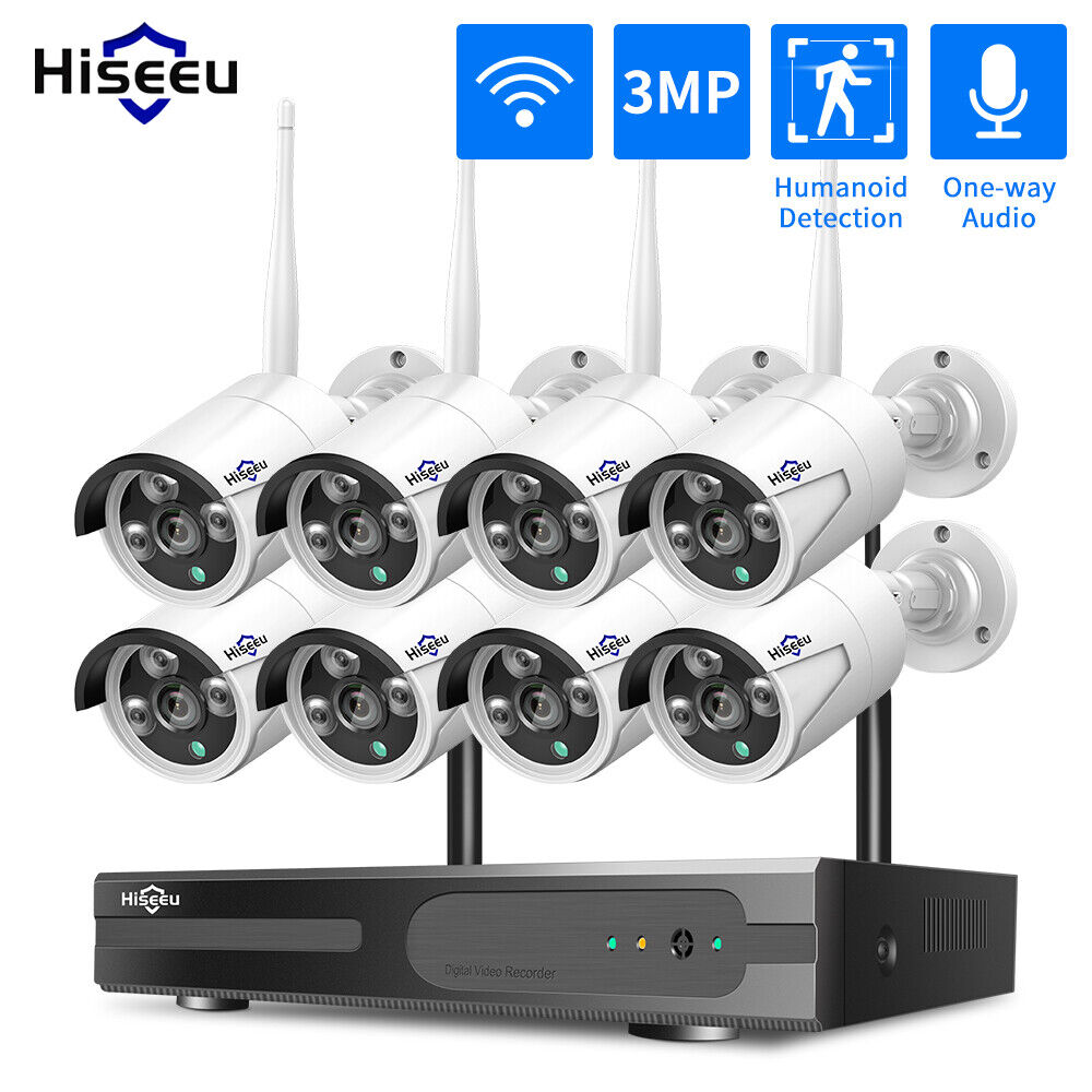 Hiseeu 2K 8CH NVR Outdoor Wireless Security Camera System WIFI IP with 3TB HDD