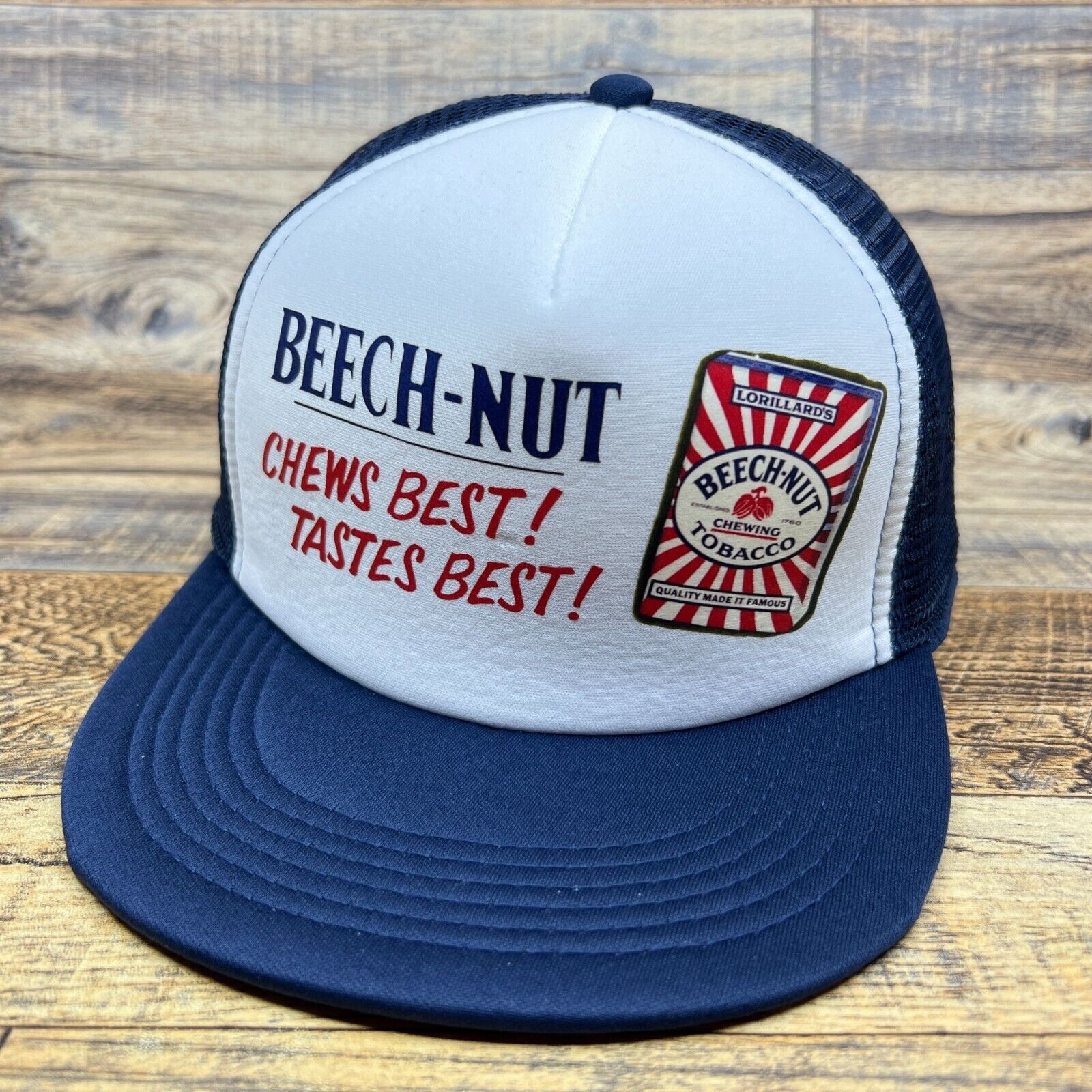 Vintage Beech-Nut Smokeless Tobacco Mens Trucker Hat Navy Snapback Mesh Ball Cap