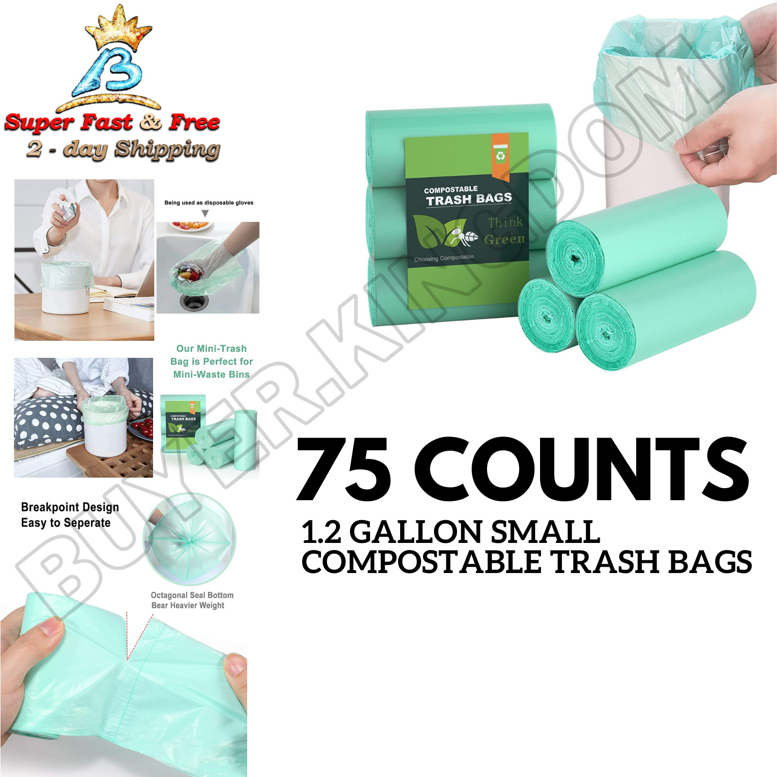 1.2 Gallon Small Trash Bags Compostable 75 Counts Strong & Mini Garbage Bag NEW