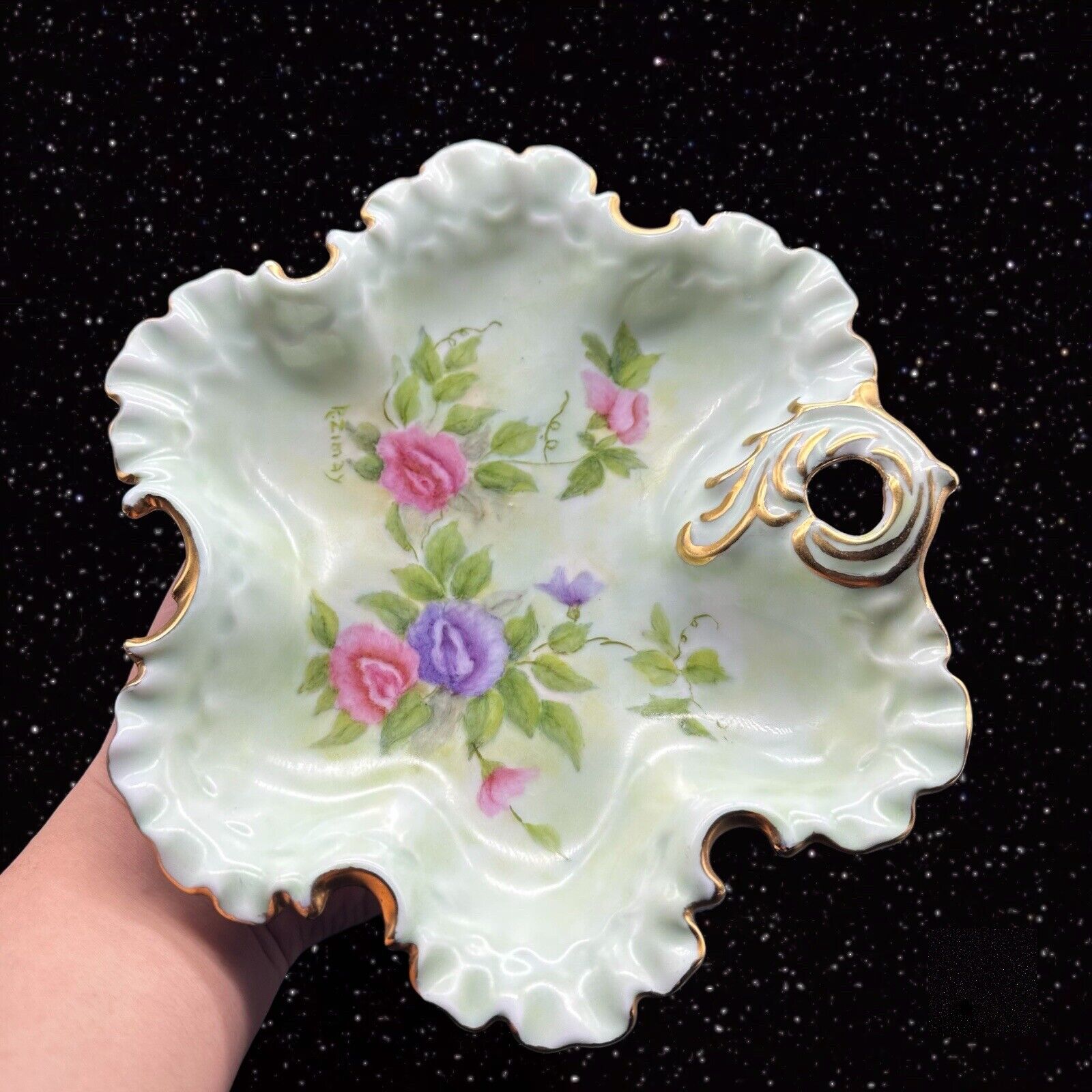 Antique Hand Painted Dish Signed By Artist Flowers With Gold Edges 8.25”W 1.25”T