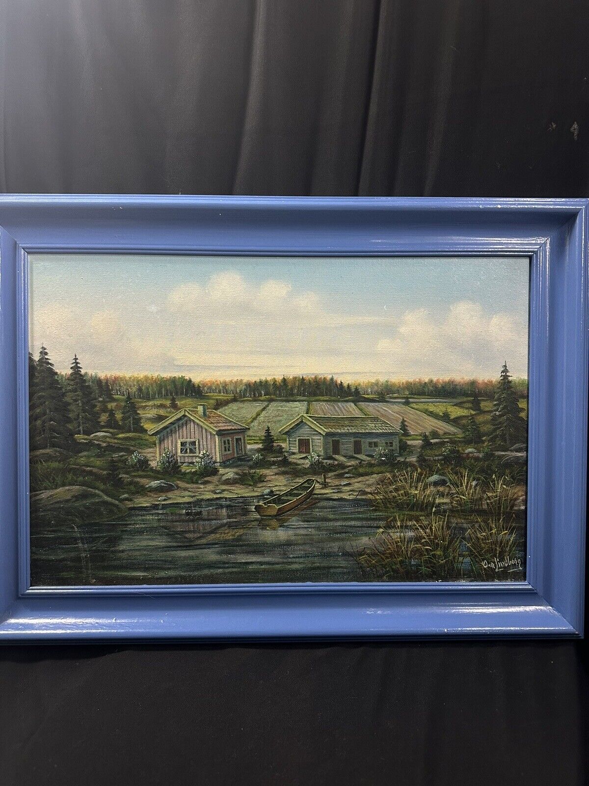 Antique Landscape Oil Painting Of Country Side Houses By A Pond -26” L x 19” H