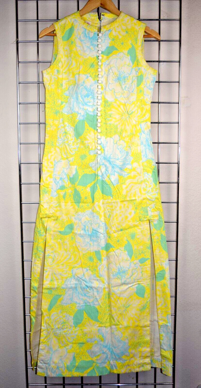 Lilly Pulitzer Maxi Dress VTG 60s Sunshine Yellow Blue Button Front Zip Back S/M