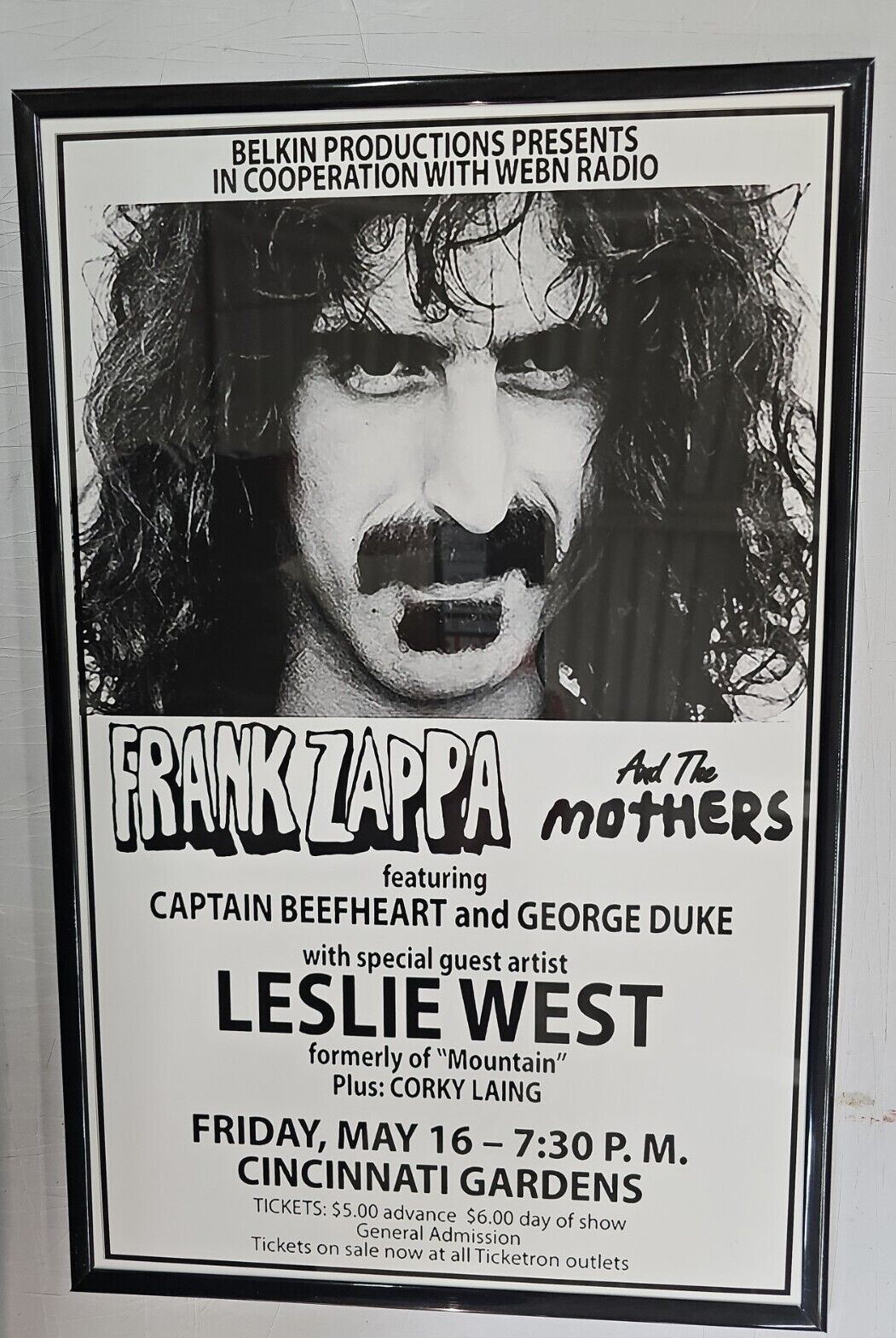 Frank Zappa 1975 Framed Concert Poster, Cincinnati