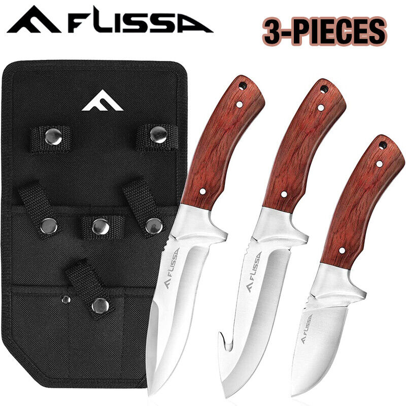 FLISSA 3PC Fixed Blade Hunting Knife Set Full Tang Hunting Knife  Survival Knife