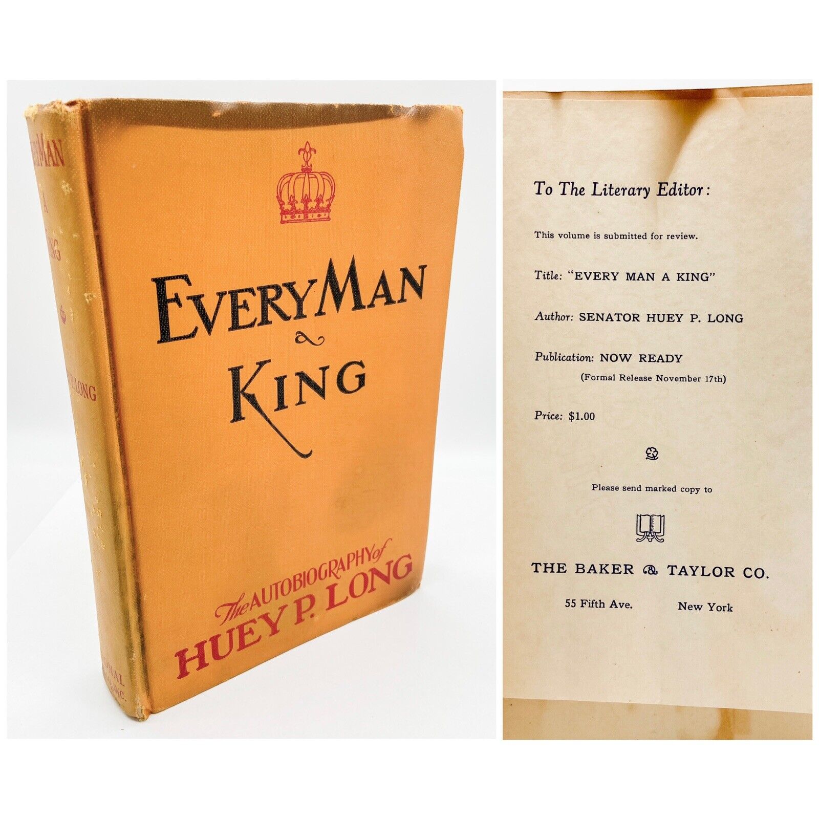 Every Man a King – Advance Review Copy (ARC) – Huey P. LONG – 1933