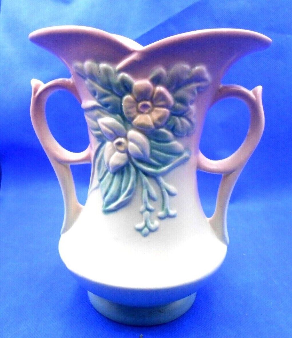 Hull Art Pottery Double Handled Wildflower Vase Pink/Green USA W-6  71/2\