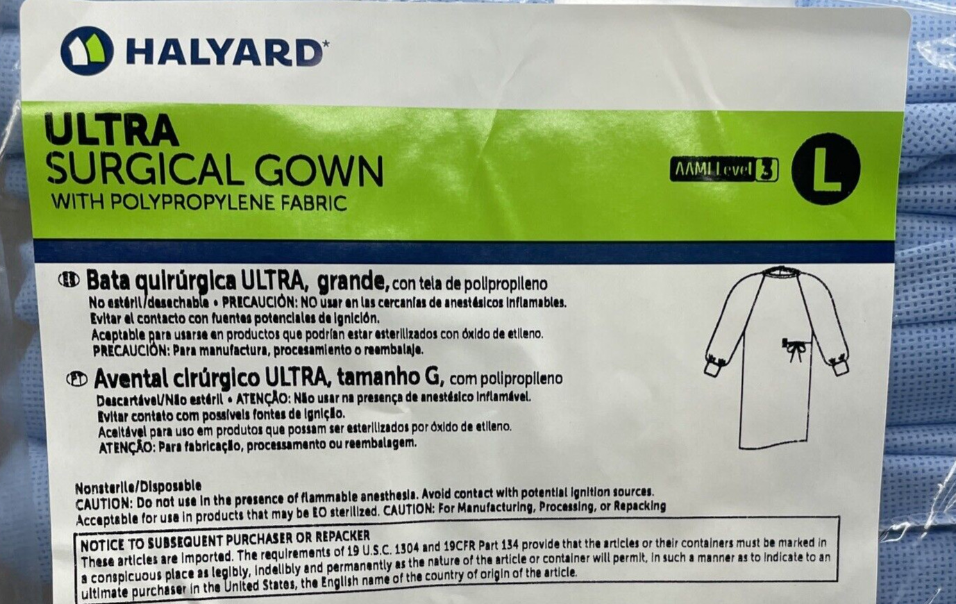 *12-Piece* Halyard Ultra Surgical Gown AAMI Level 3, Size: Large, Blue 74115