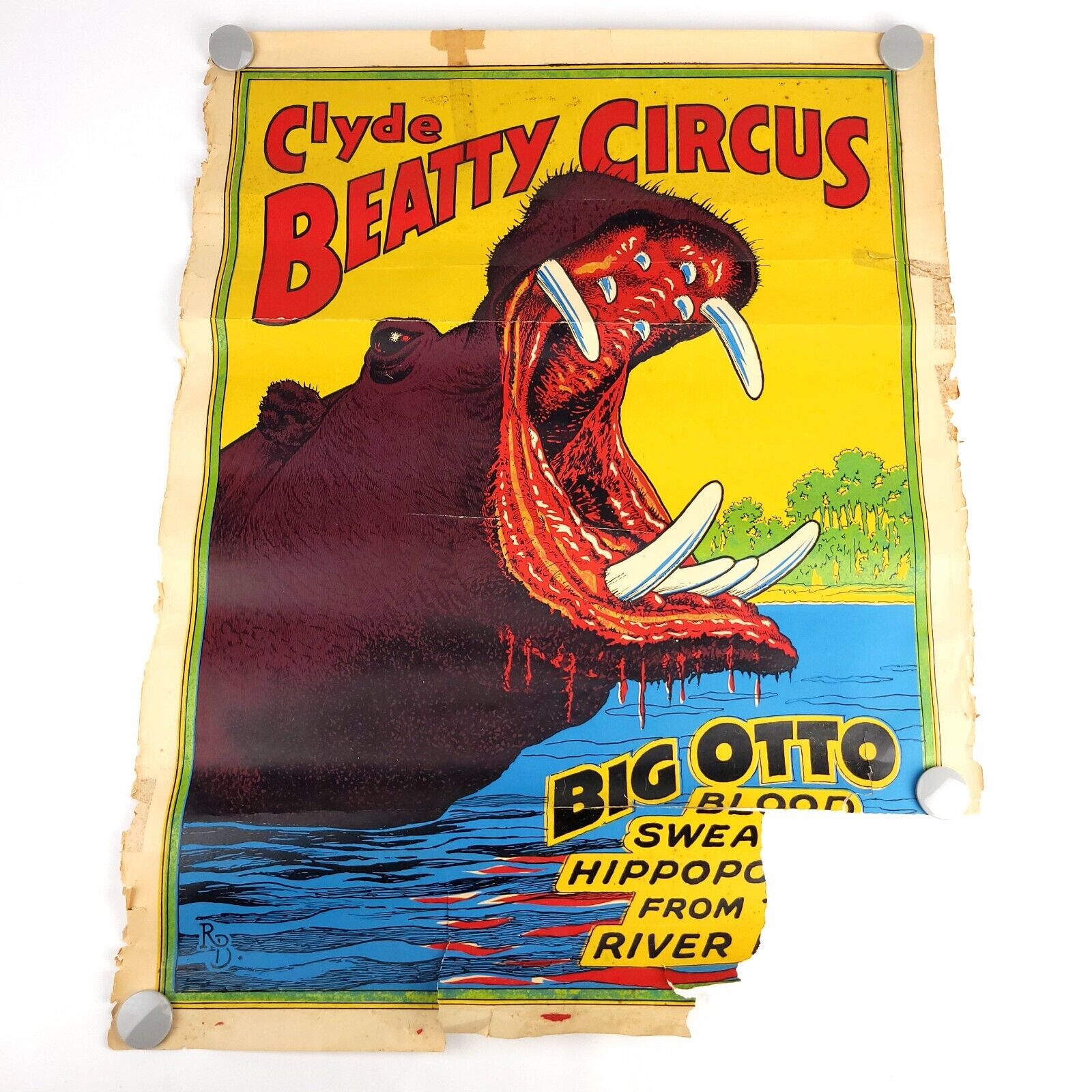 Vintage Clyde Beatty-Cole Bros Circus “Big Otto” Hippo Poster 28” X 21”