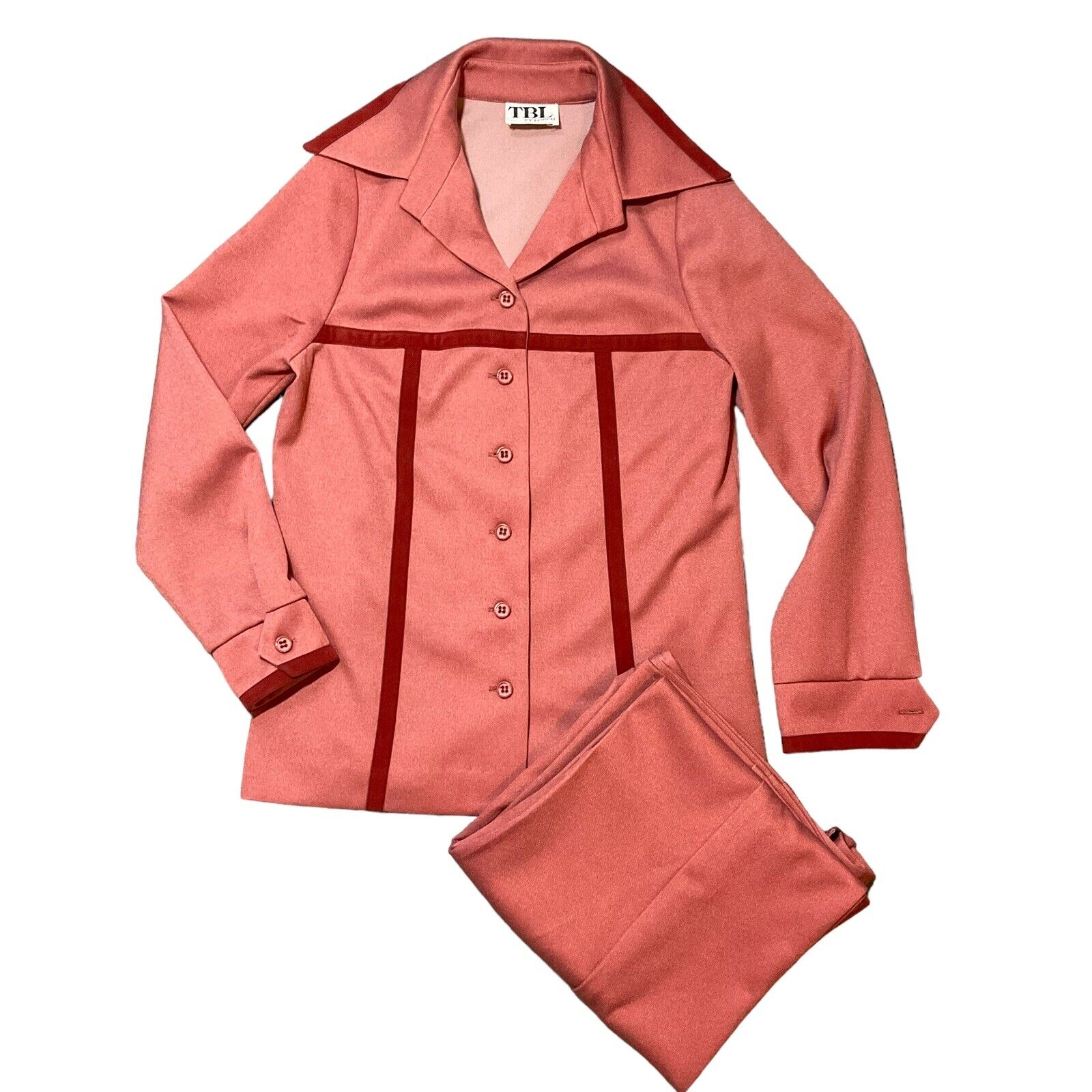 Vintage Lorch Women 26 Pants Suit Pink 70s Velvet Trim Pointed Collar Corp Core