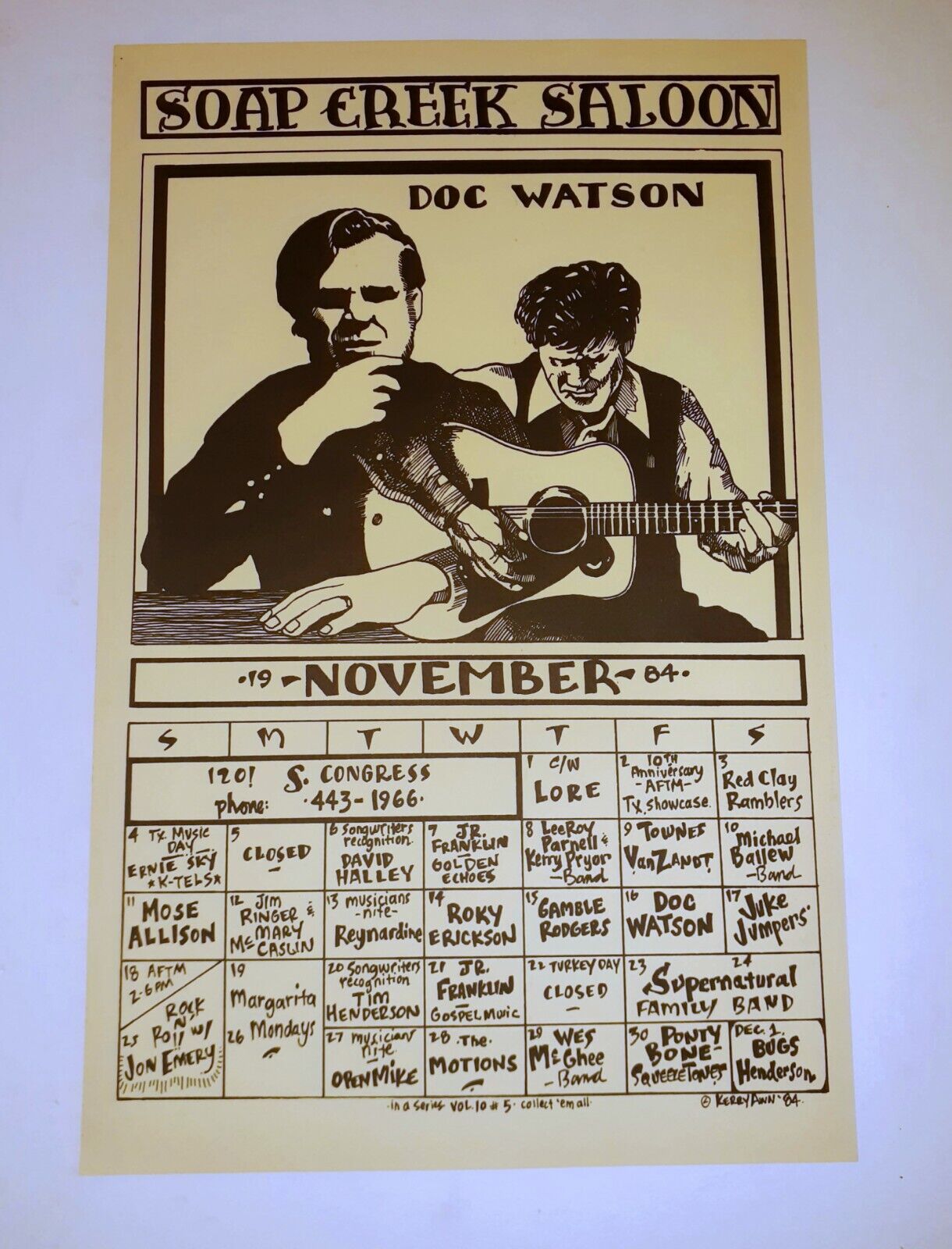 Soap Creek Nov 84 Texas Calendar Doc Watson Roky Erickson Townes Van Zandt