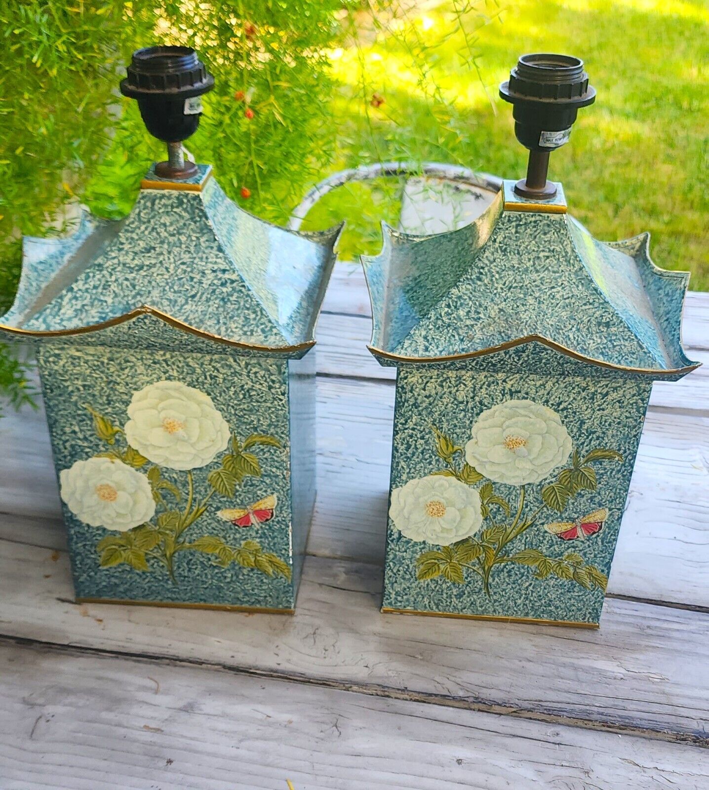 Vintage English Tole Lamps-Pair- Carolyn Sheffield Pagoda style Top