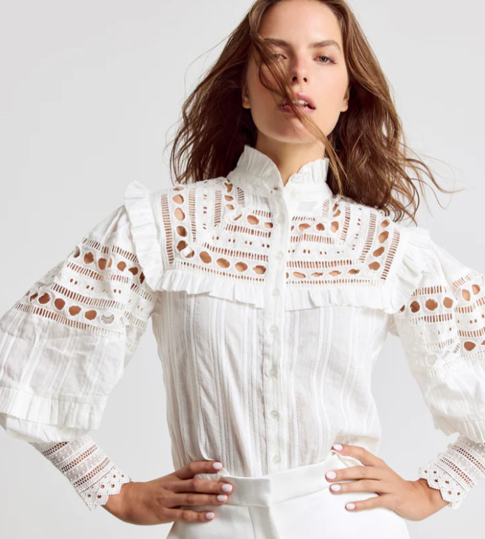 The Shirt Rochelle Behrens Danielle Eyelet Crochet Peasant Button Shirt White XS