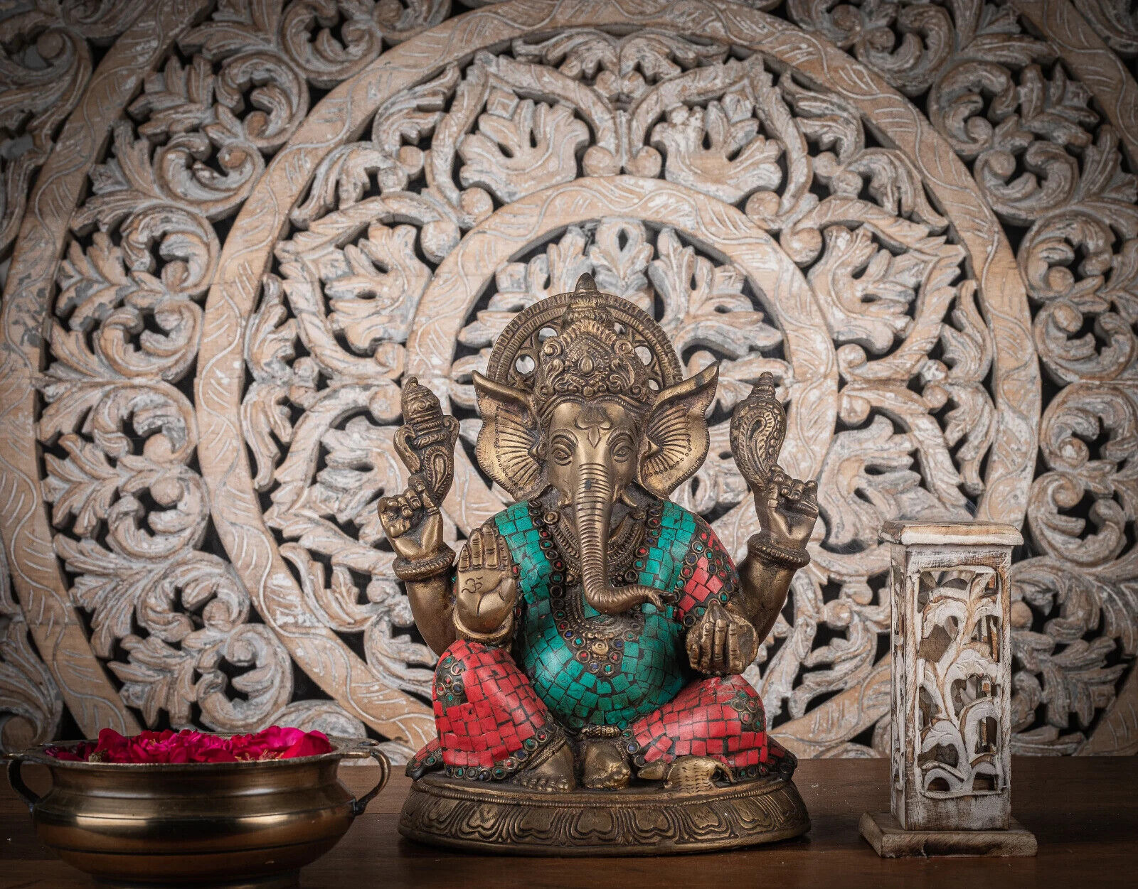 Handcrafted Bronze Sitting Ganesha Statue with Coral and Turquoise Stone unique 