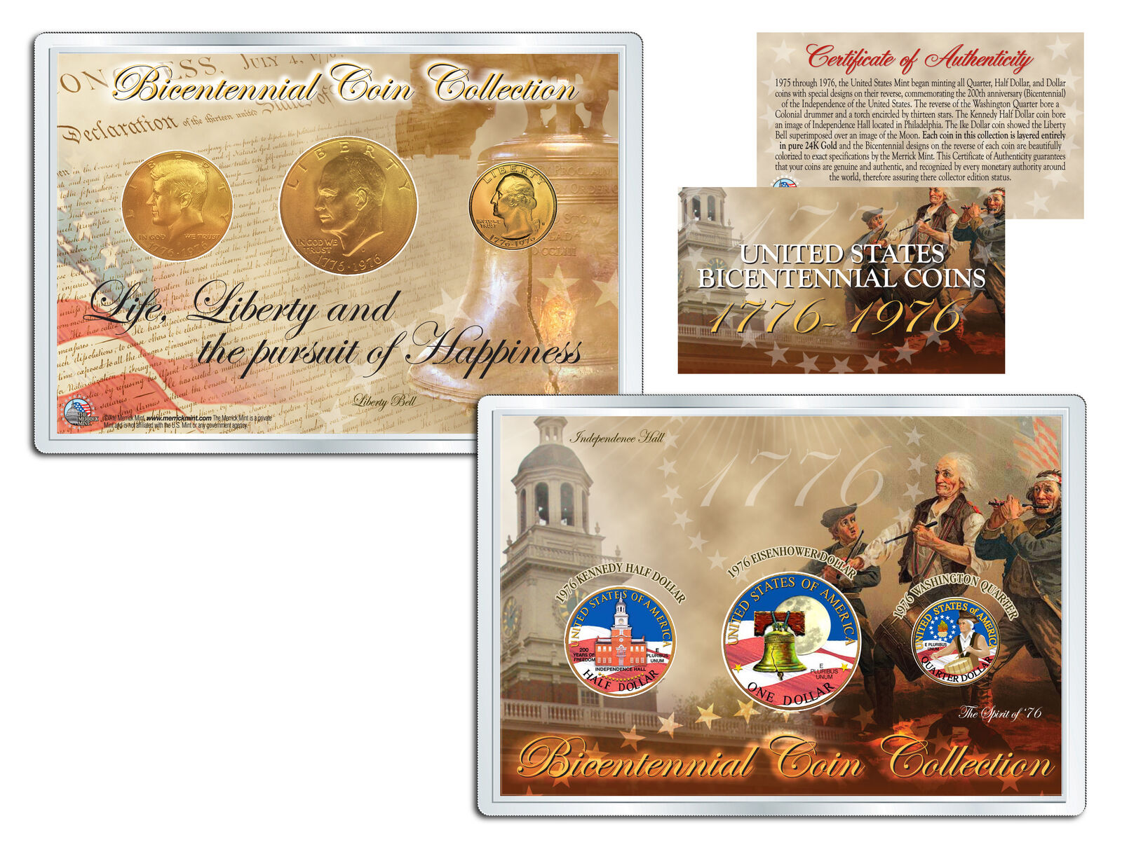 1976 BICENTENNIAL COIN COLLECTION Colorized US 3-Coin Set 24K Plated QTR IKE JFK