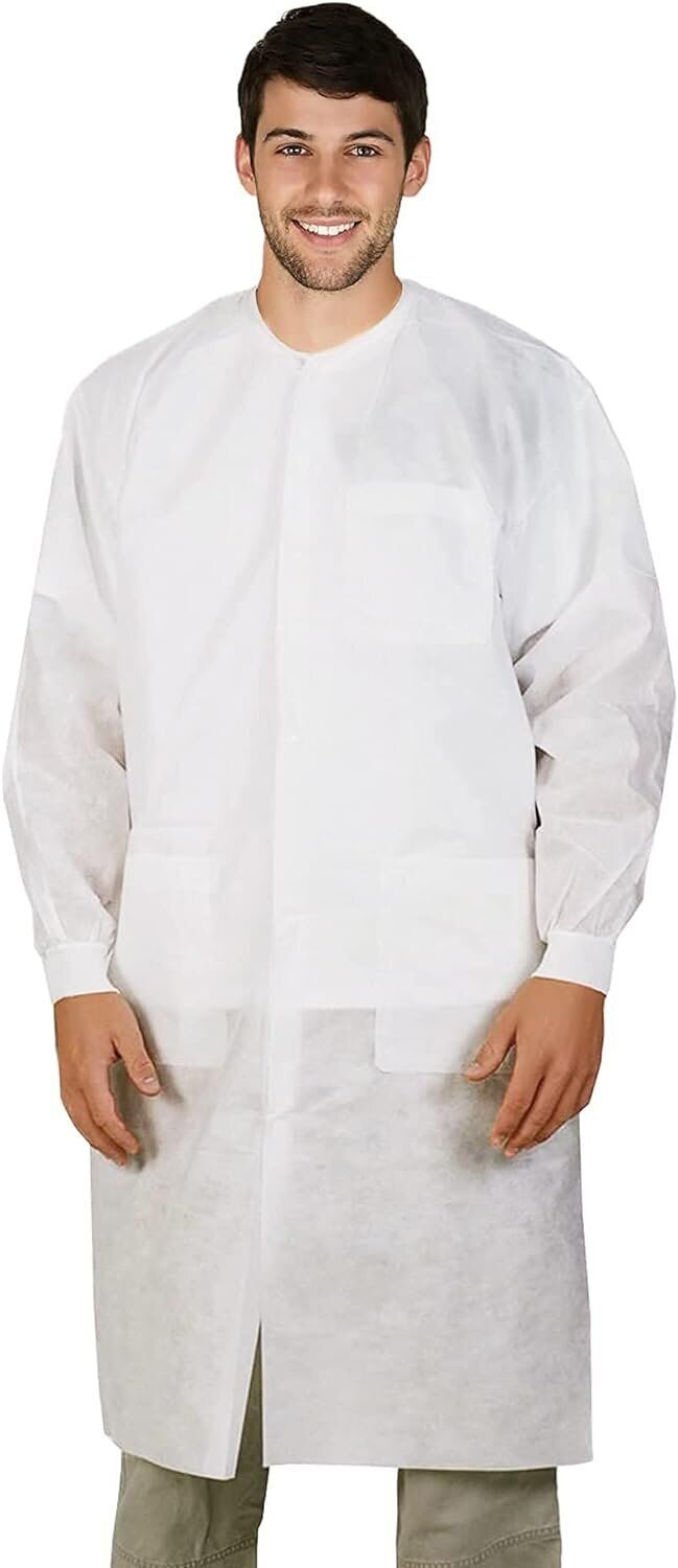 50 Disposable Lab Coats White SPP 45 gsm Work Gowns XXL Protective Clothing
