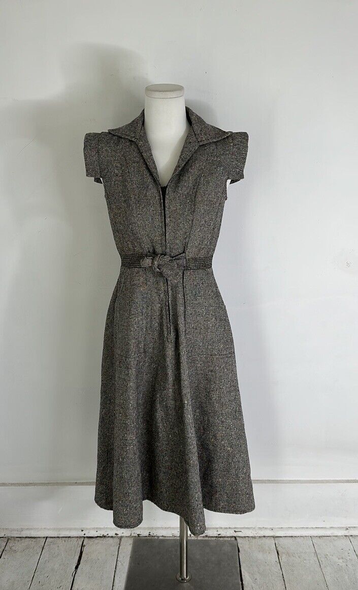Vintage 70s Preppy Mod Speckled Tweed Dress 