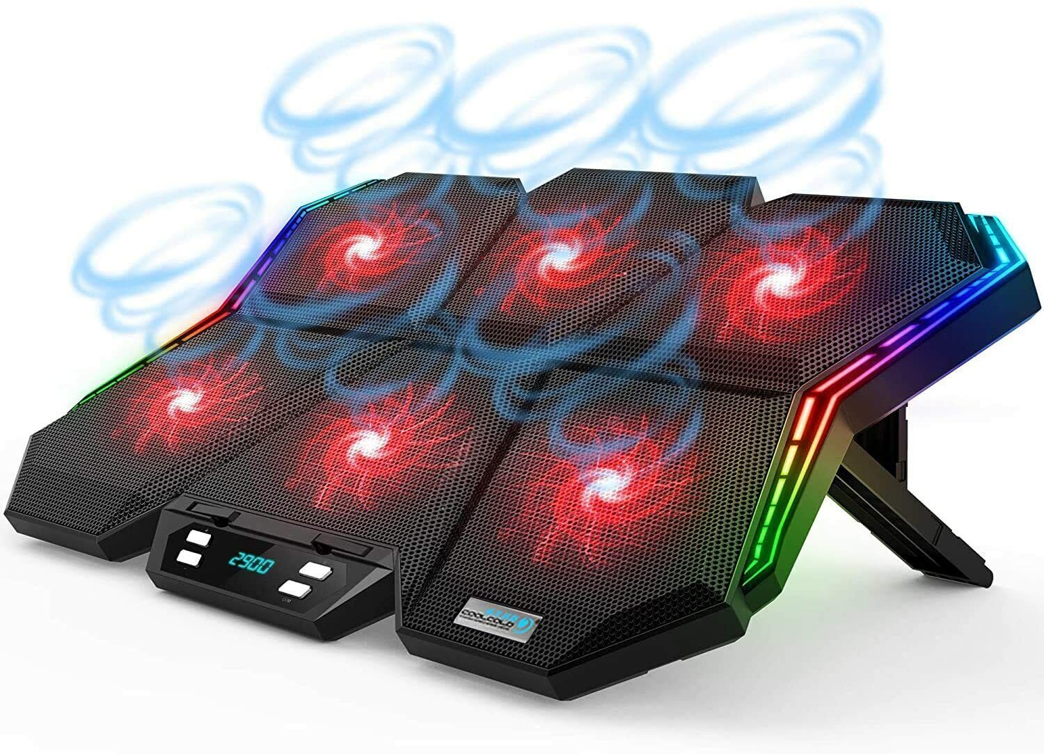 15.6'' RGB Laptop Cooling Pad Cooler with Colorful LED Lights 6 Fans 2 USB Ports