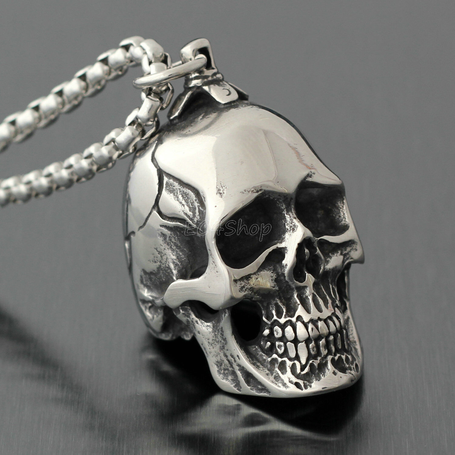 Men\'s Huge Heavy Gothic Retro Silver Skull Stainless Steel Necklace Pendant