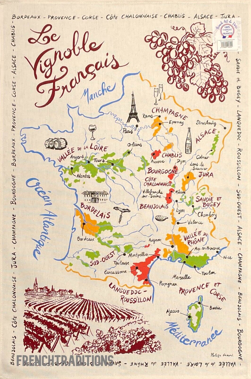 French Cotton Kitchen Dish/Tea Towel - Wine Map of France - Made in France