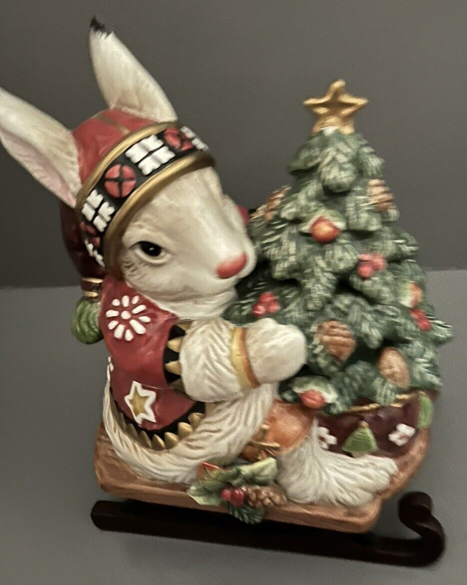 Fitz & Floyd Christmas Lodge Rabbit Bunny Tree Sled Cookie Candy Serving Jar