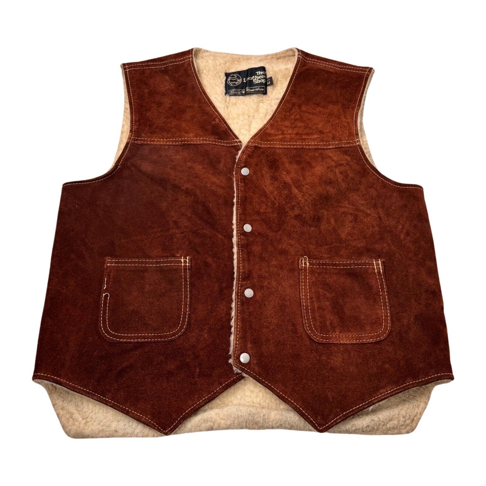 Vintage The Leather Shop Sears Sherpa Lined Vest Mens Medium M Genuine Suede