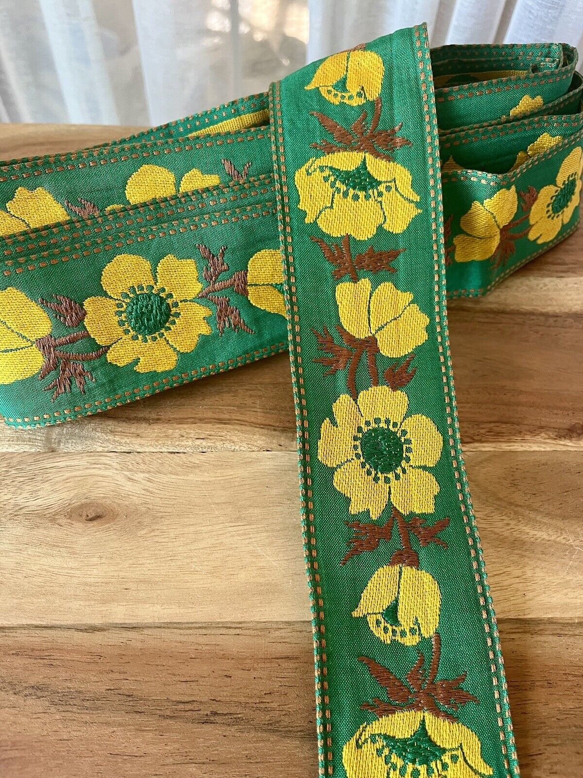 Darling Vintage 70s Cotton Embroidered Fabric Trim - Green With Yellow Flowers