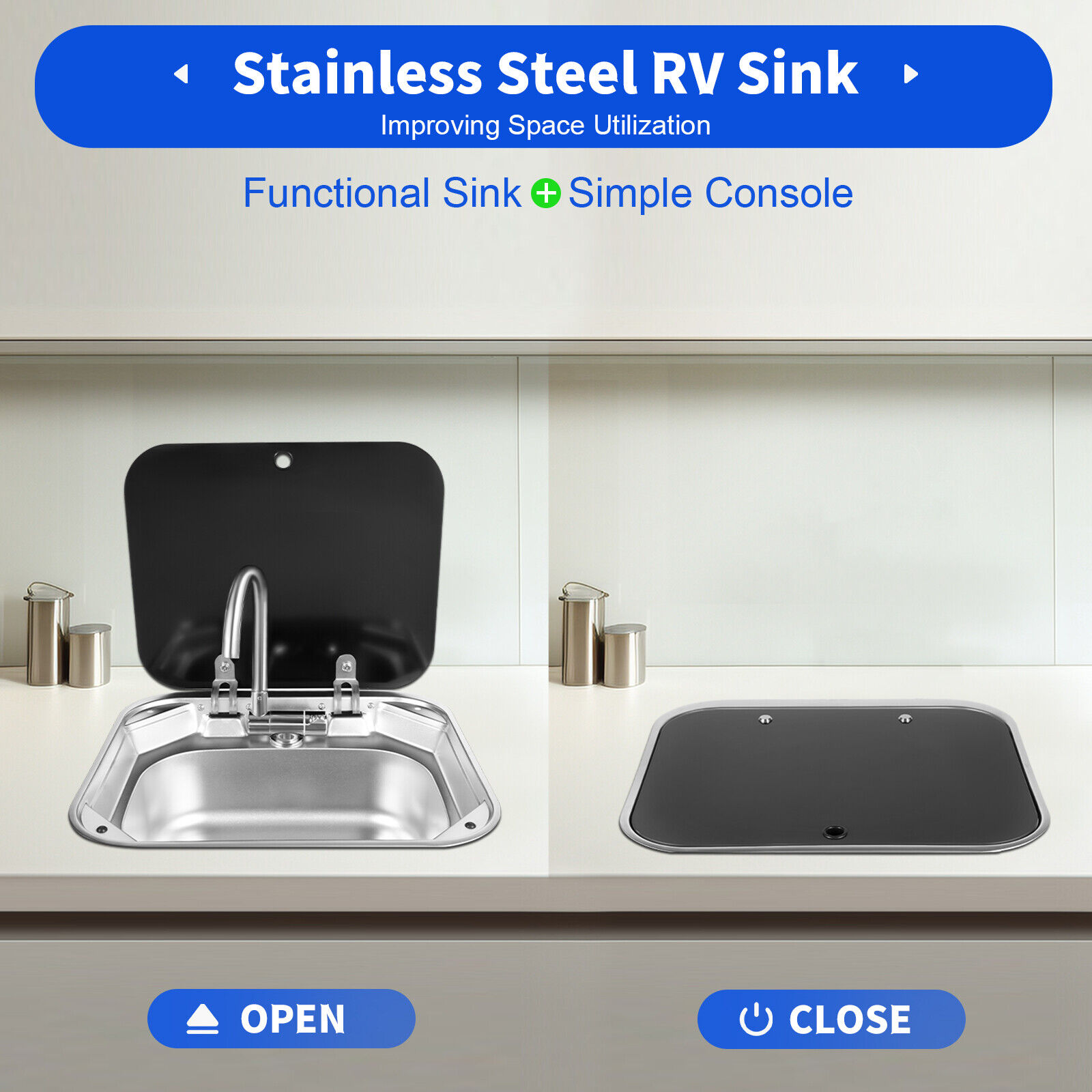 Hand Washing Basin Sink Stainless w/ Lid & Faucet,For RV Caravan Boat Camper