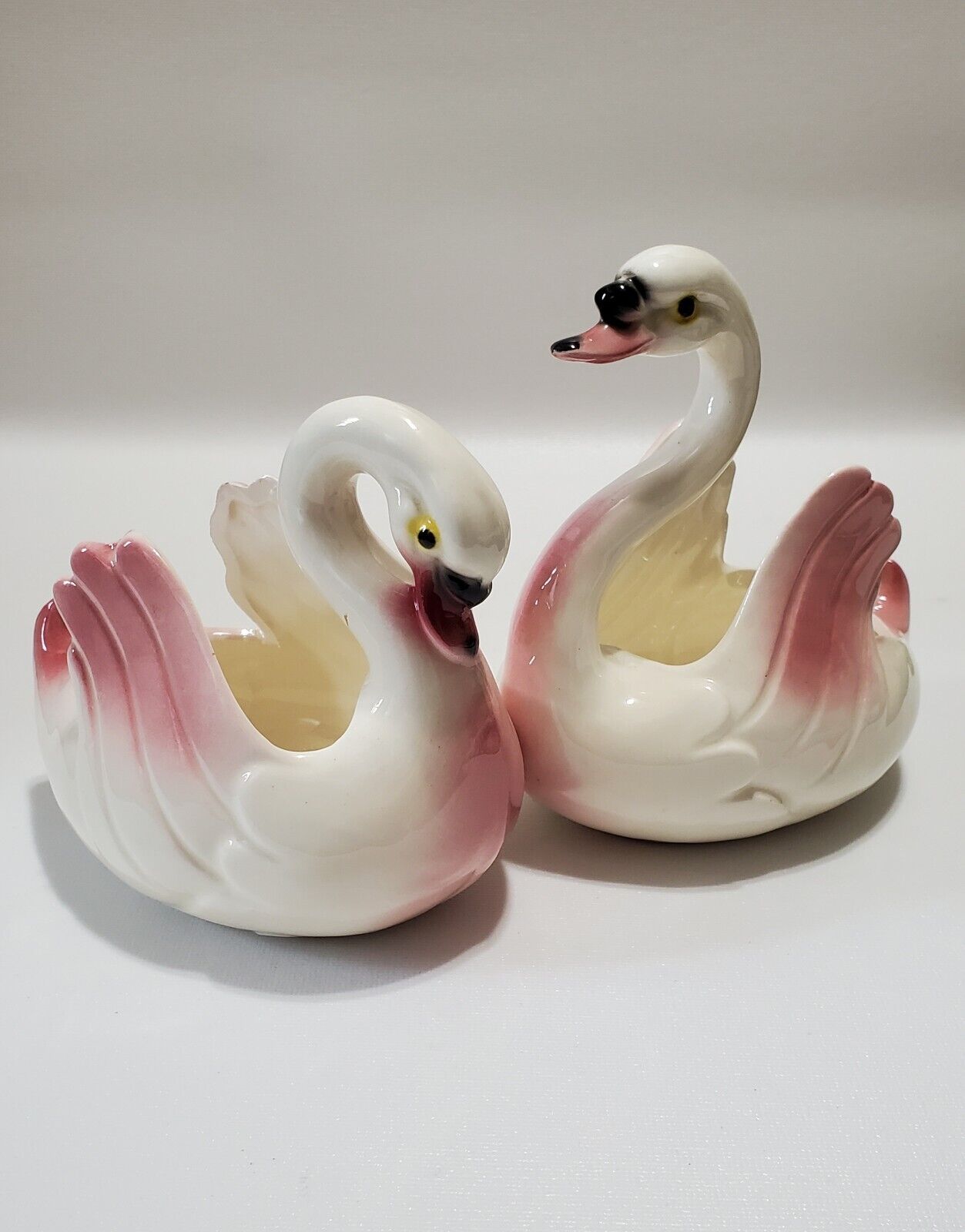 Vintage Maddux Of California Glazed Pottery Swan Planters Pair, Pink & White