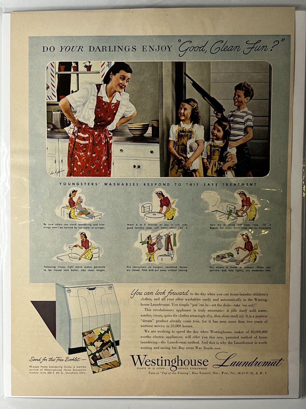 Vtg 1950s Westinghouse Laundromat Washing Machine Print Ad Kids Boy Laundry Blue