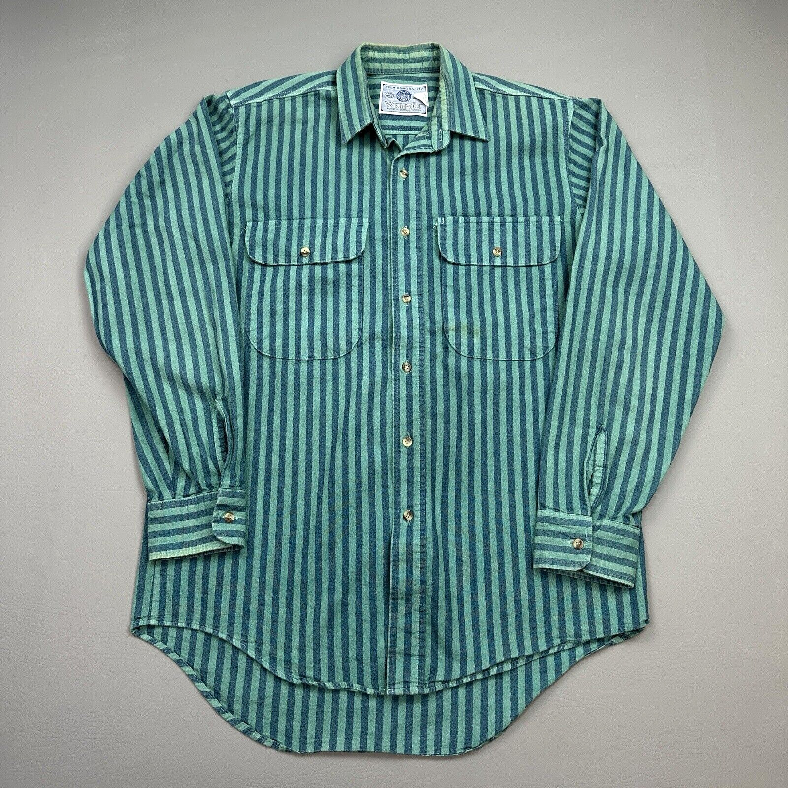 Vintage Wrangler Shirt Mens Medium Green Striped Denim Cowboy Western USA Made