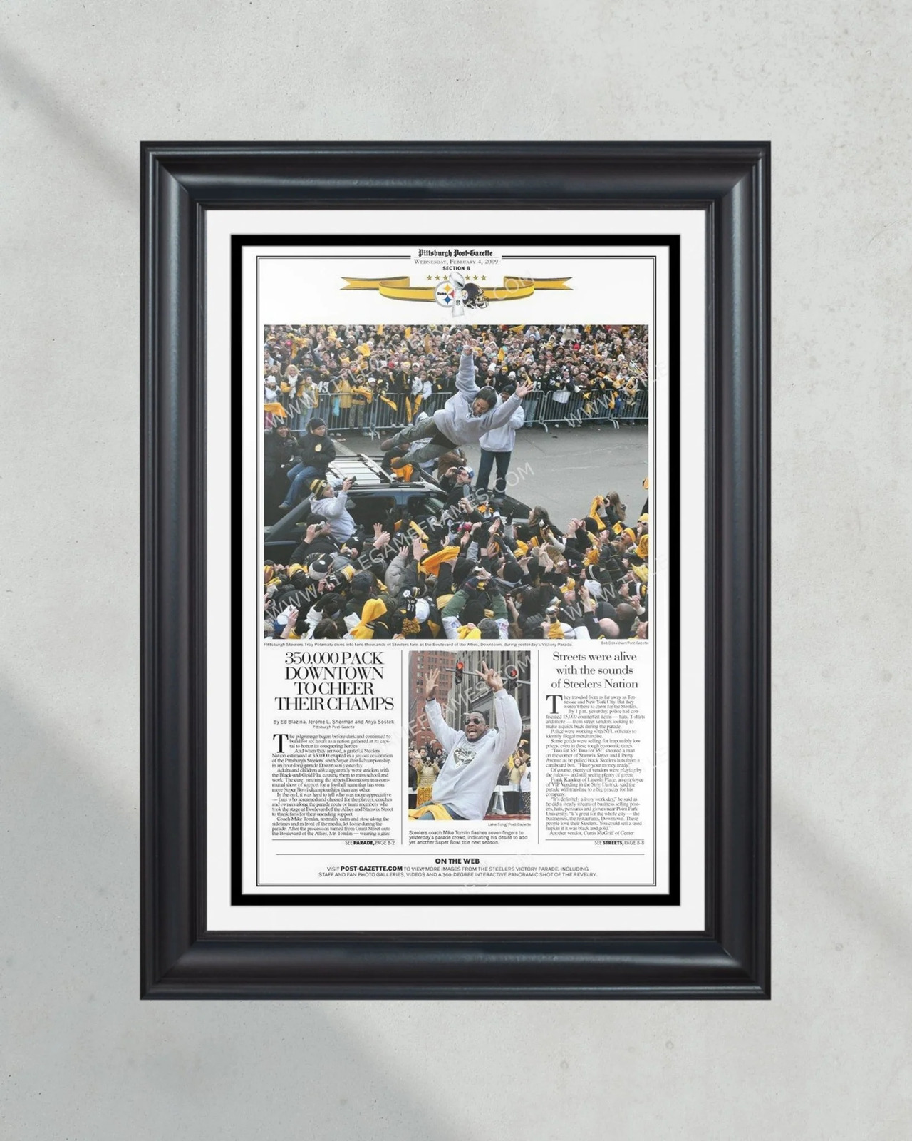 2009 Pittsburgh Steelers Parade Super Bowl Champions Framed Front Page Newspaper